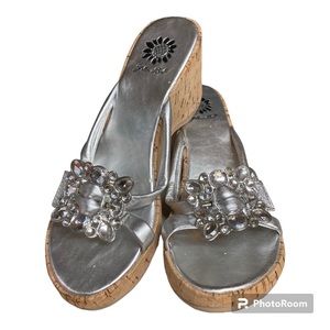 Yellow Box Silver Formal Sandal w/ Cork Wedge. Accented with rhinestones. Size 7